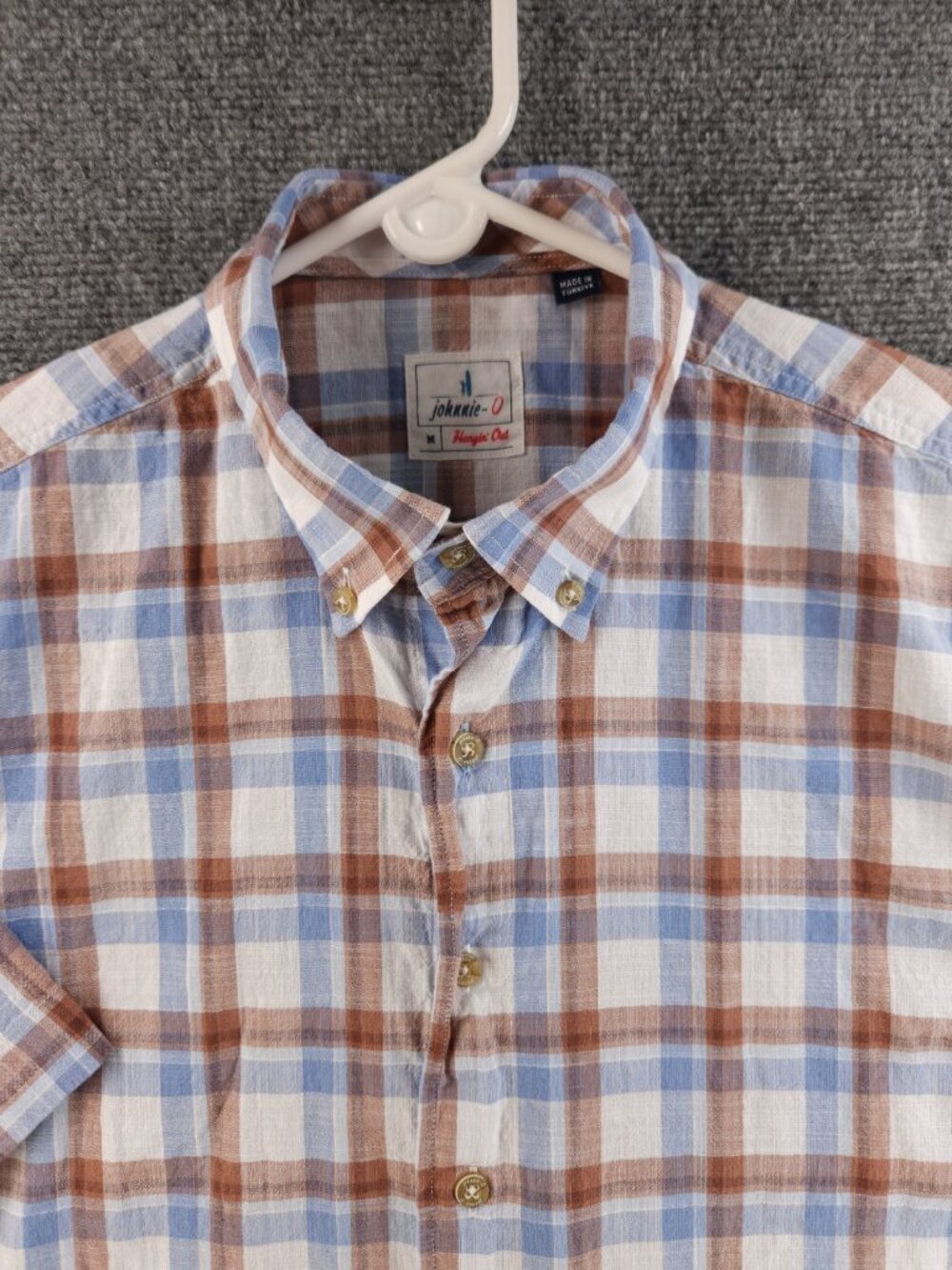 Johnnie-o Plaid Blue Brown Button Up Shirt Medium Lightweight Short Sleeve